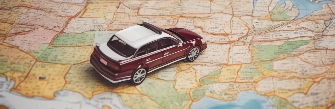 Toy car on a detailed map fo the United States, symbolizing auto insurance coverage across different states