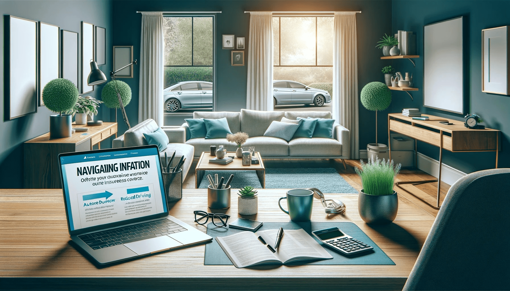 Modern home office with laptop and office equipment, cozy living room in the background, and a parked car visible through a window.