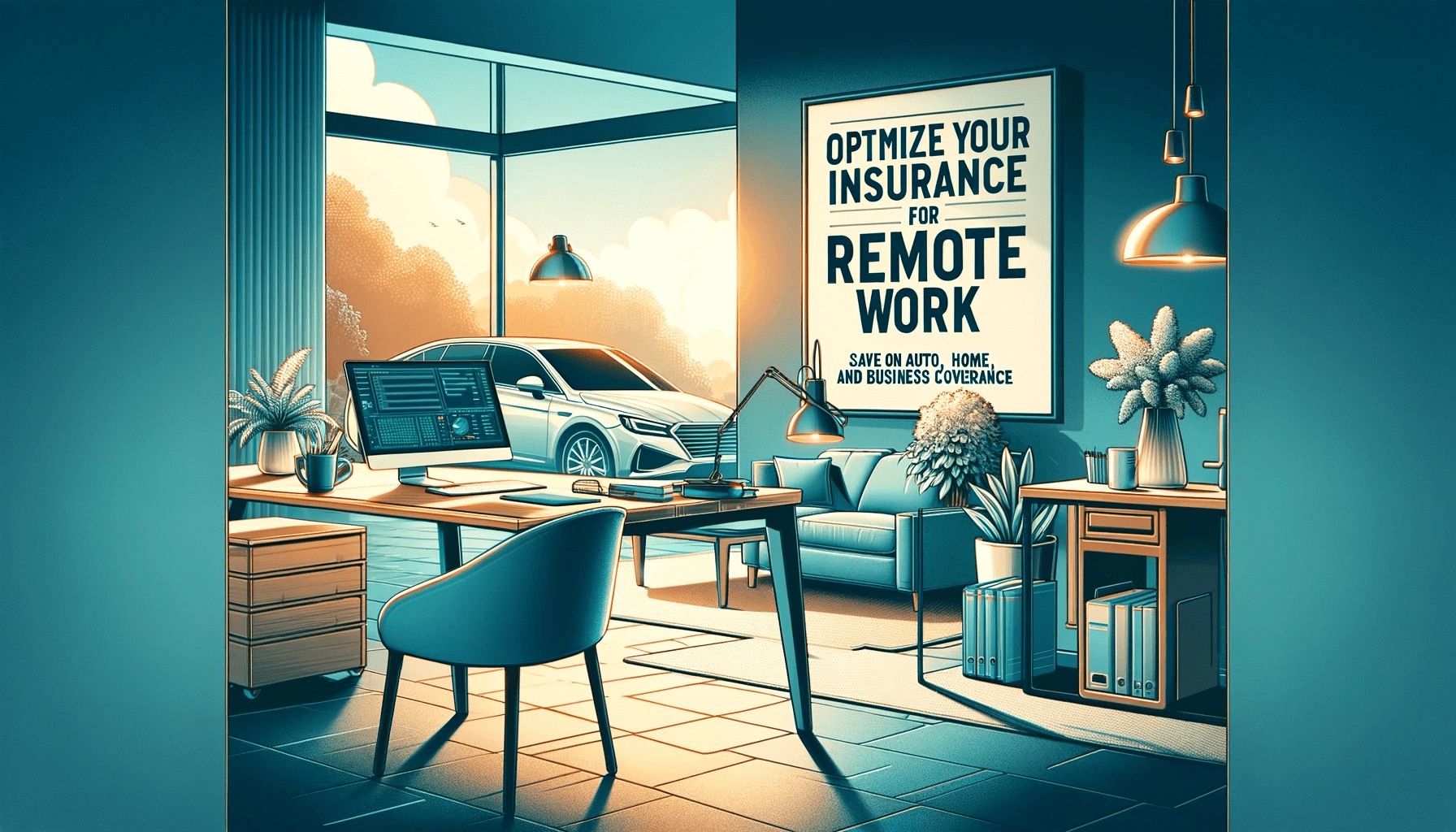 Modern home office setup with laptop and office equipment, a cozy living room in the background, and a parked car visible through a window.