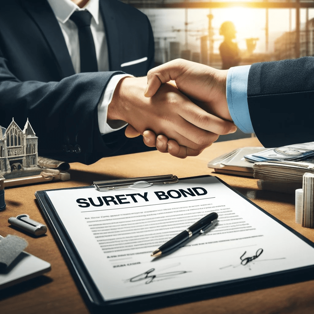 Contractor shaking hands with a business owner in a professional setting, with a document labeled 'Surety Bond' on the table.