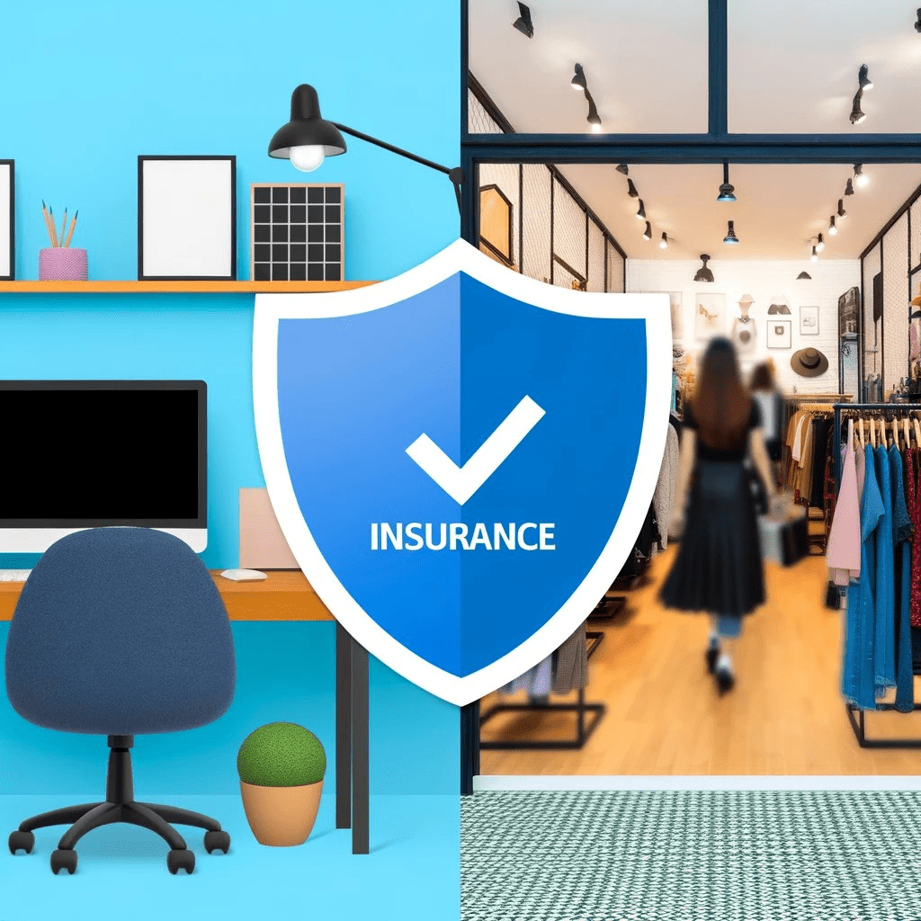 Split image of a home office setup and a bustling retail store with an insurance shield icon in the center.