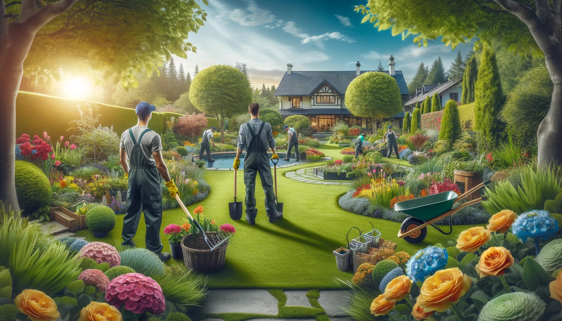 Team of landscapers working in a beautiful garden with vibrant flowers, lush green lawns, and various gardening tools, with a well-maintained property and clear blue sky in the background.