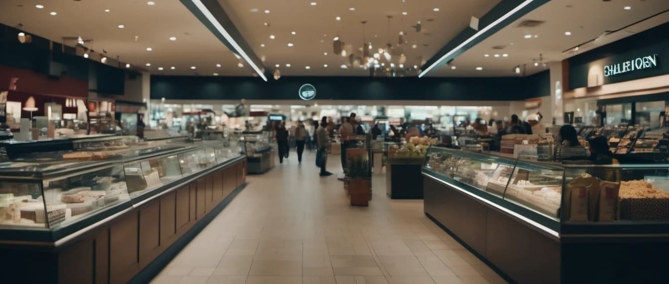 Interior of a modern supermarket with various food displays and shoppers in the background.